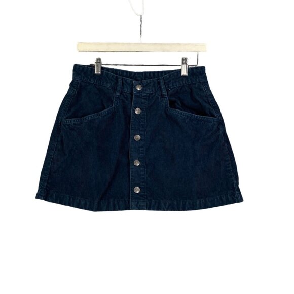 FREE PEOPLE Ray Corduroy Mini Skirt Womens SZ 8 Button Front Navy Pockets Preppy - Picture 1 of 8
